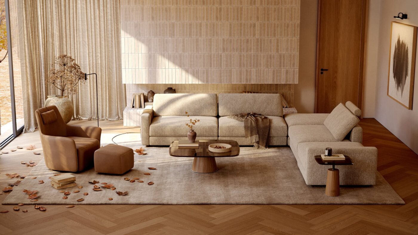 Autumn Living Room by Domkapa (1) Living room by Domkapa with the autumn theme. With warm tones. A modular sofa in beige, an armchair in terracotta tones and a set of tables.