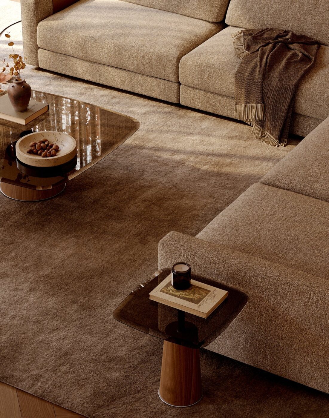 Autumn Living Room by Domkapa Living room in detail. With autumn decor, neutral tones and cosy details. A coffee table is by the side of the sofa.