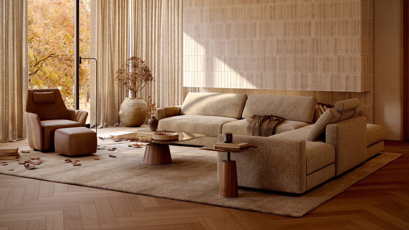 DK - OUTONO 2024 - 05 In this living room, warm beige, tan, and brown tones dominate the scene, reflecting the natural colors of fall leaves. With edward sofa, panton table set and alexander armchair - all in seasonal tones.