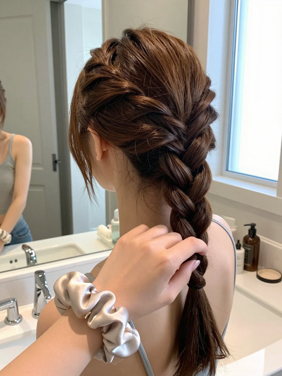 Photo d'une femme portant une demi-queue de cheval tressée à la hollandaise, vue de l'arrière de la tête montrant les tresses se rejoignant, le décor est un miroir de coiffeuse de salle de bain avec lumière naturelle, contenant un chouchou en soie à son poignet, qualité photo iPhone la plus récente.