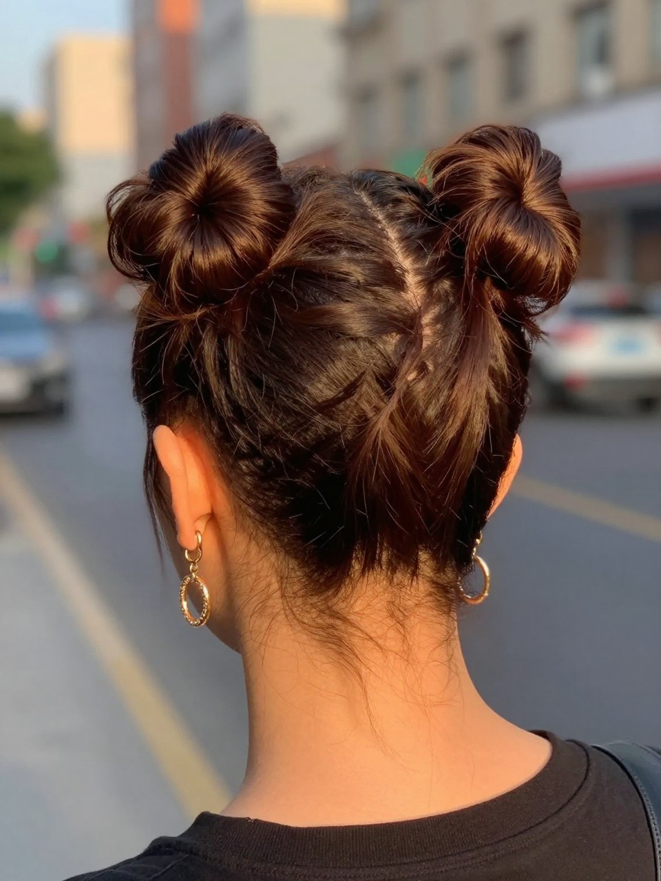 Photo d'une femme portant une demi-queue avec des mini chignons spatiaux, vue de l'arrière de la tête montrant les deux petits chignons, le décor étant une rue de ville floue avec la lumière dorée du crépuscule, avec des boucles d'oreilles imposantes visibles, qualité photo iPhone de dernière génération.