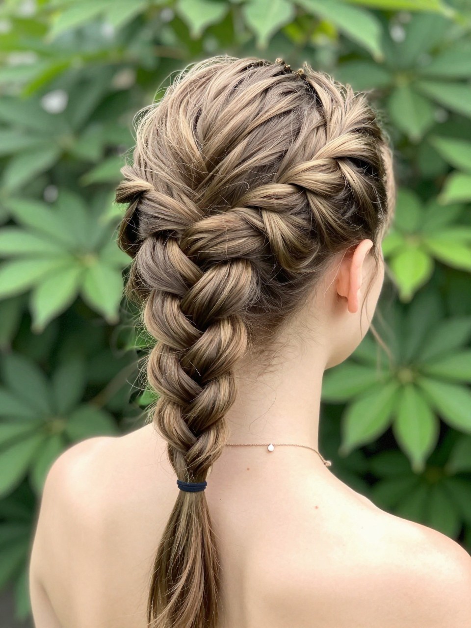 Photo d'une jeune fille blanche portant une demi-tresse hollandaise, vue de l'arrière de la tête montrant la tresse en relief, décor : un jardin au feuillage vert tendre, éclairage : lumière naturelle vive légèrement filtrée, avec un délicat collier orné d'un petit pendentif, qualité photo iPhone.