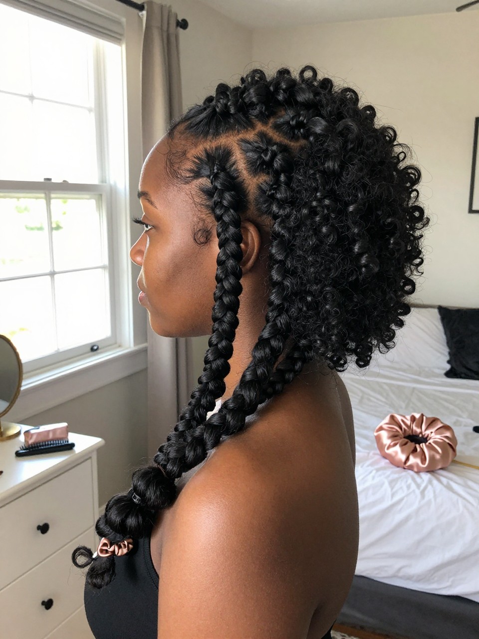 Image d'illustration : Photo d'une femme noire portant plusieurs tresses soignées à deux brins sur le devant et les côtés, se transformant en une voûte bouclée haute de type 4A. Vue de trois quarts arrière mettant en valeur le motif des tresses et la texture arrondie. Elle se tient dans une chambre baignée de soleil, à la lumière naturelle d'une fenêtre. On y trouve de petits détails du quotidien, comme un gel coiffant et un peigne à queue sur la commode, un bonnet en satin près du lit et un chouchou en soie à son poignet. Moment réaliste de préparation. Qualité photo iPhone récente.