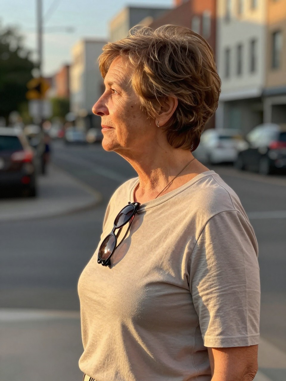Photo d'une femme âgée portant une coupe pixie plus longue, vue de profil montrant la différence de longueur entre le haut et les côtés, le décor étant une rue de ville floue avec une lumière dorée à l'heure dorée, avec une paire de lunettes de soleil accrochées à son col, qualité photo iPhone.