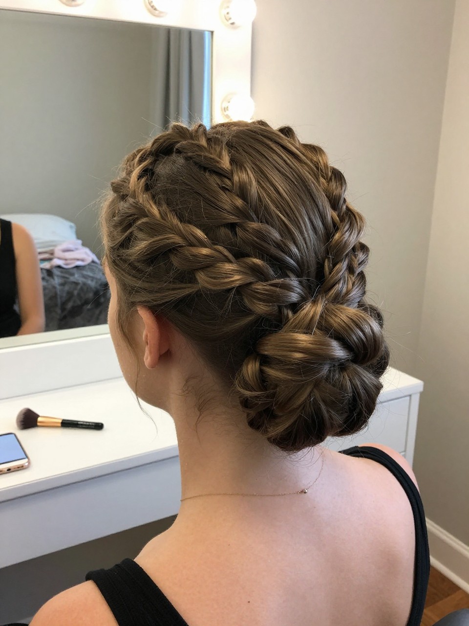 Photo d'une jeune fille américaine blanche portant une demi-queue torsadée, vue de dos montrant la jonction des torsades, décor : une chambre avec une coiffeuse et un miroir, éclairage : lumière intérieure douce, contenant un pinceau de maquillage posé sur la coiffeuse, qualité photo iPhone.