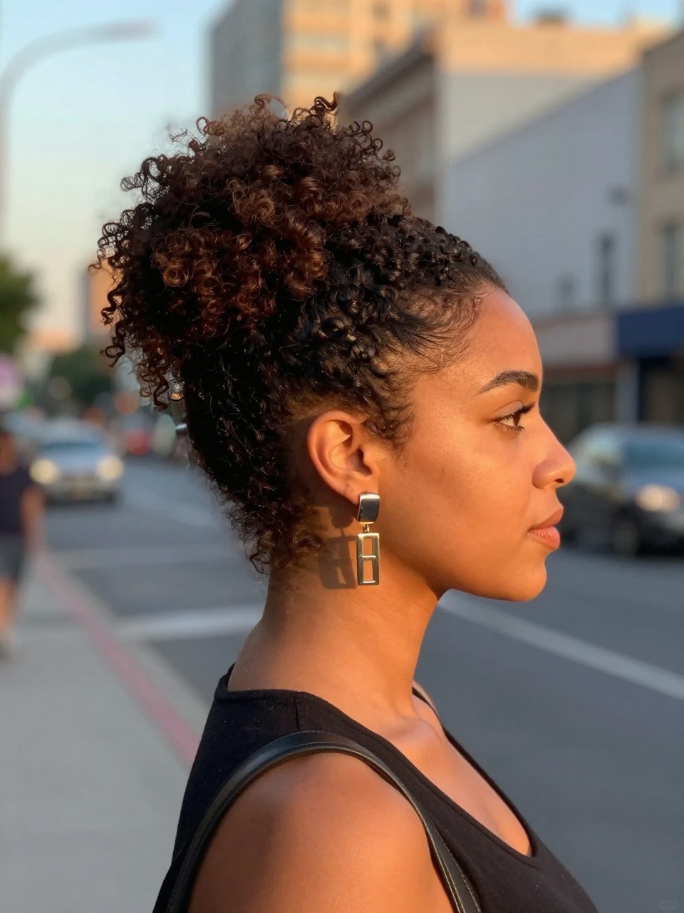 Photo d'une femme portant une demi-queue de cheval bouclée, vue de profil montrant sa taille à l'avant, le décor étant une rue de ville floue avec la lumière dorée du crépuscule, avec des boucles d'oreilles imposantes visibles, qualité photo iPhone de dernière génération.