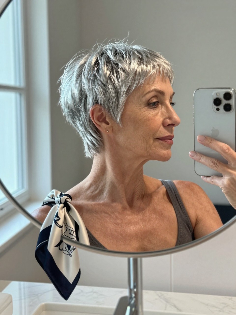 Photo d'une femme d'un certain âge portant une coupe pixie argentée et élégante, selfie de profil pris devant un miroir montrant les tons argentés lisses, le décor est un miroir de coiffeuse de salle de bain avec lumière naturelle, contenant un foulard en soie noué à proximité, qualité photo iPhone.