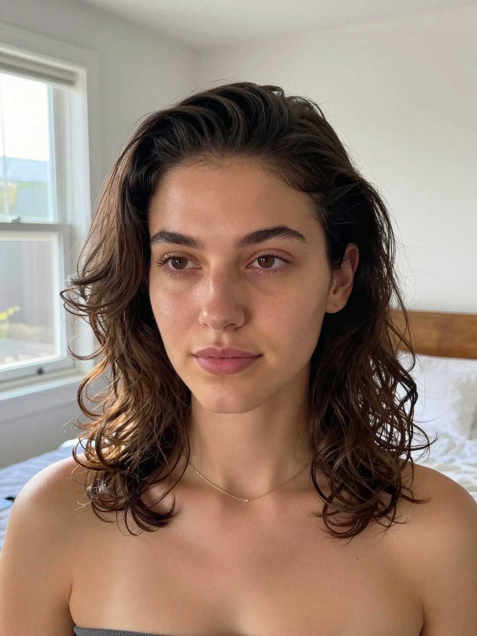 Photo d'une femme portant une demi-queue de cheval plaquée, vue de face montrant des bords lisses et des boucles lâches, le décor est une chambre baignée de soleil avec de la lumière naturelle, contenant un simple collier en or visible, qualité photo iPhone de dernière génération.