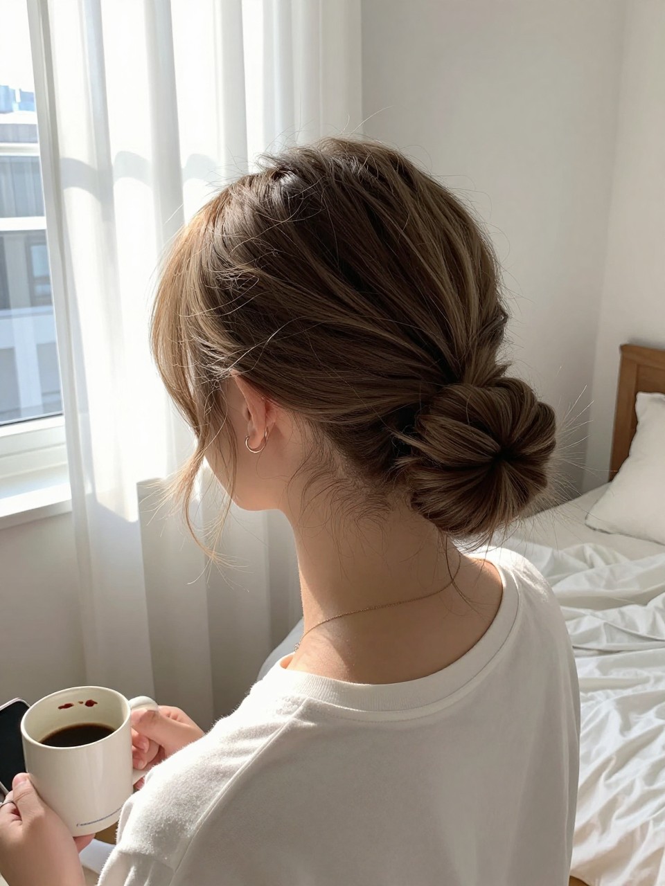 Photo d'une adolescente américaine blanche portant une demi-queue de cheval avec un détail noué, vue de l'arrière de la tête montrant le nœud, décor : une chambre baignée de soleil avec des rideaux blancs, éclairage : lumière naturelle vive de la fenêtre, contenant une tasse à café avec une tache de rouge à lèvres sur le bord, qualité photo iPhone.