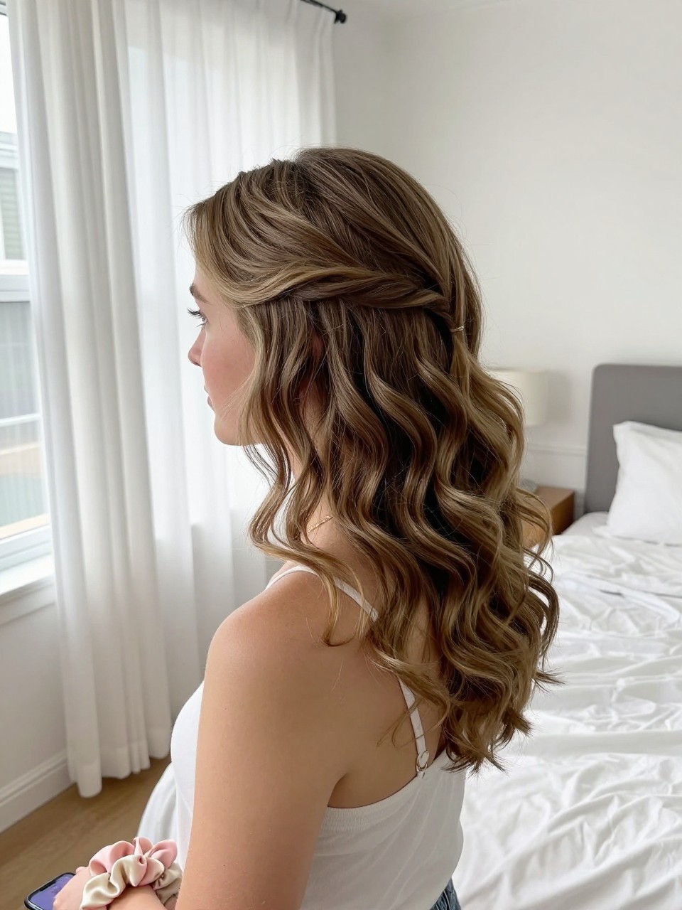 Photo d'une adolescente américaine blanche portant une demi-queue classique avec des ondulations douces, vue de dos en angle montrant la partie rassemblée et les ondulations en cascade, décor : une chambre baignée de soleil avec des rideaux blancs, éclairage : lumière naturelle vive de la fenêtre, contenant un chouchou en soie à son poignet, qualité photo iPhone.