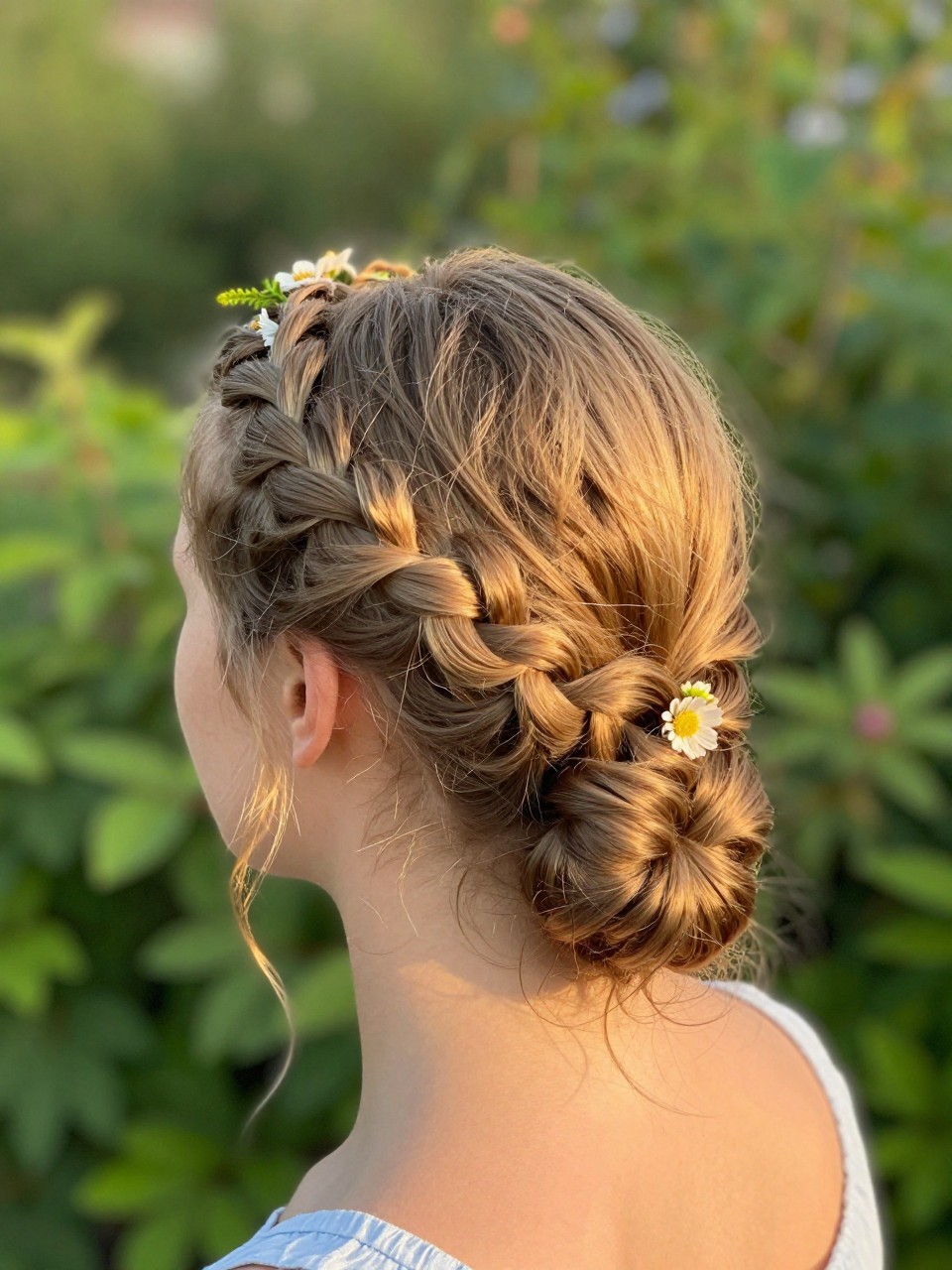 Photo d'une jeune fille américaine blanche portant une couronne tressée à moitié relevée, vue de l'arrière de la tête montrant la tresse sur la couronne, décor : un jardin avec un fond vert doux, éclairage : lumière chaude de l'heure dorée, contenant une petite fleur glissée dans la tresse, qualité photo iPhone.