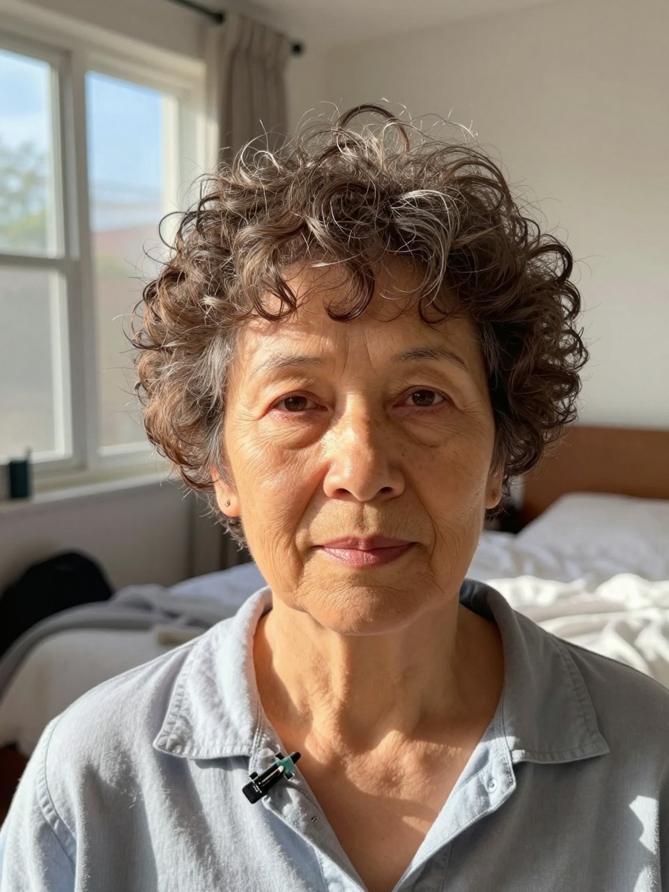 Photo d'une femme âgée portant une coupe pixie bouclée, vue de face montrant la formation naturelle des boucles, dans une chambre baignée de soleil avec lumière naturelle, avec une petite pince à cheveux accrochée à son col, qualité photo iPhone.