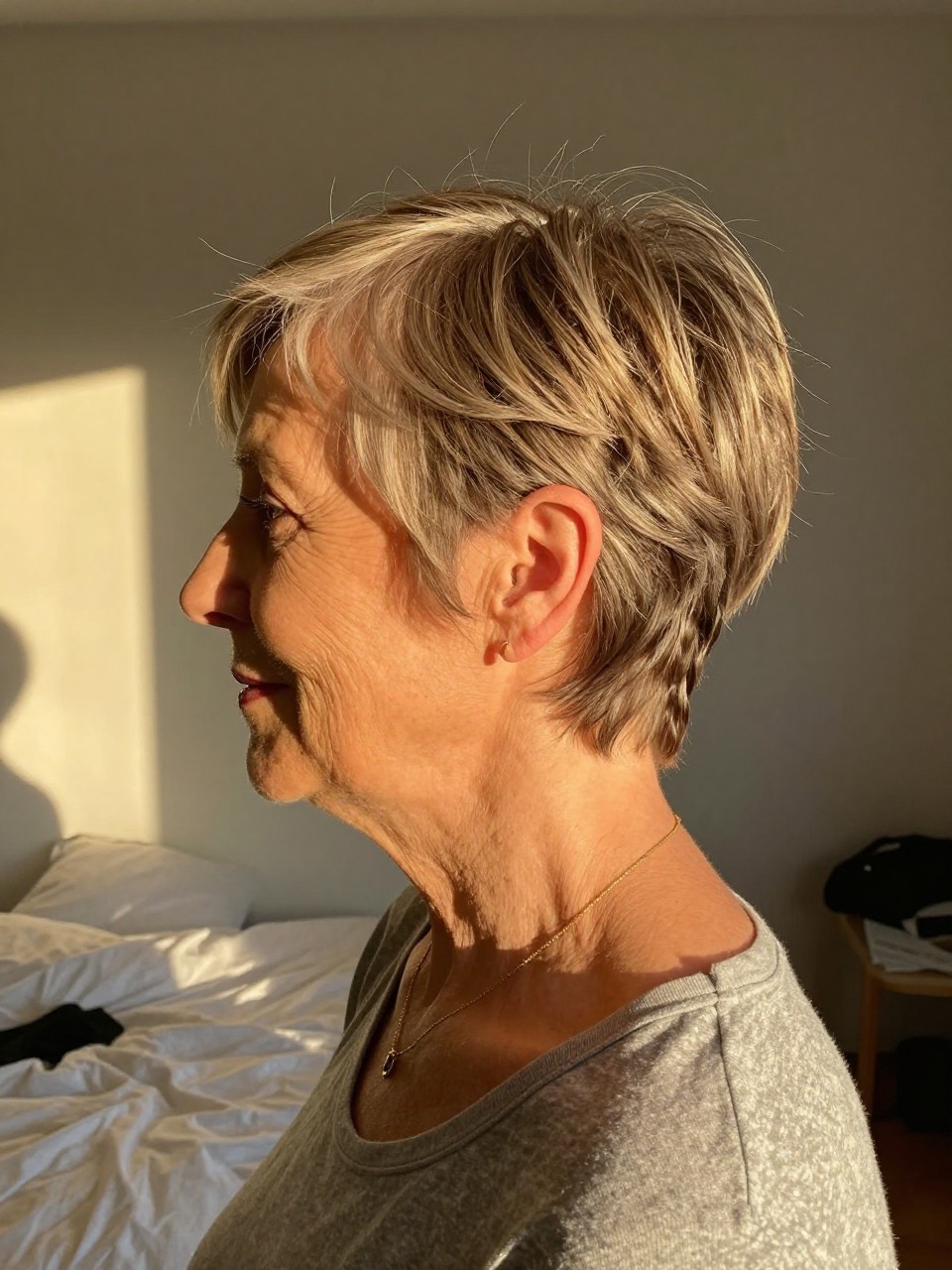 Photo d'une femme d'un certain âge portant une coupe pixie asymétrique, vue de profil montrant le côté le plus long qui balaie la silhouette, dans une chambre baignée de soleil à l'heure dorée, où l'on aperçoit un simple collier en or, qualité photo iPhone.