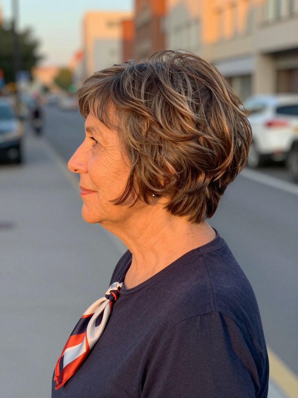Photo d'une femme d'un certain âge portant une coupe pixie ondulée, vue de profil montrant de douces ondulations, le décor étant une rue de ville floue avec la lumière dorée du crépuscule, avec un foulard en soie qui dépasse de sa poche, qualité photo iPhone.