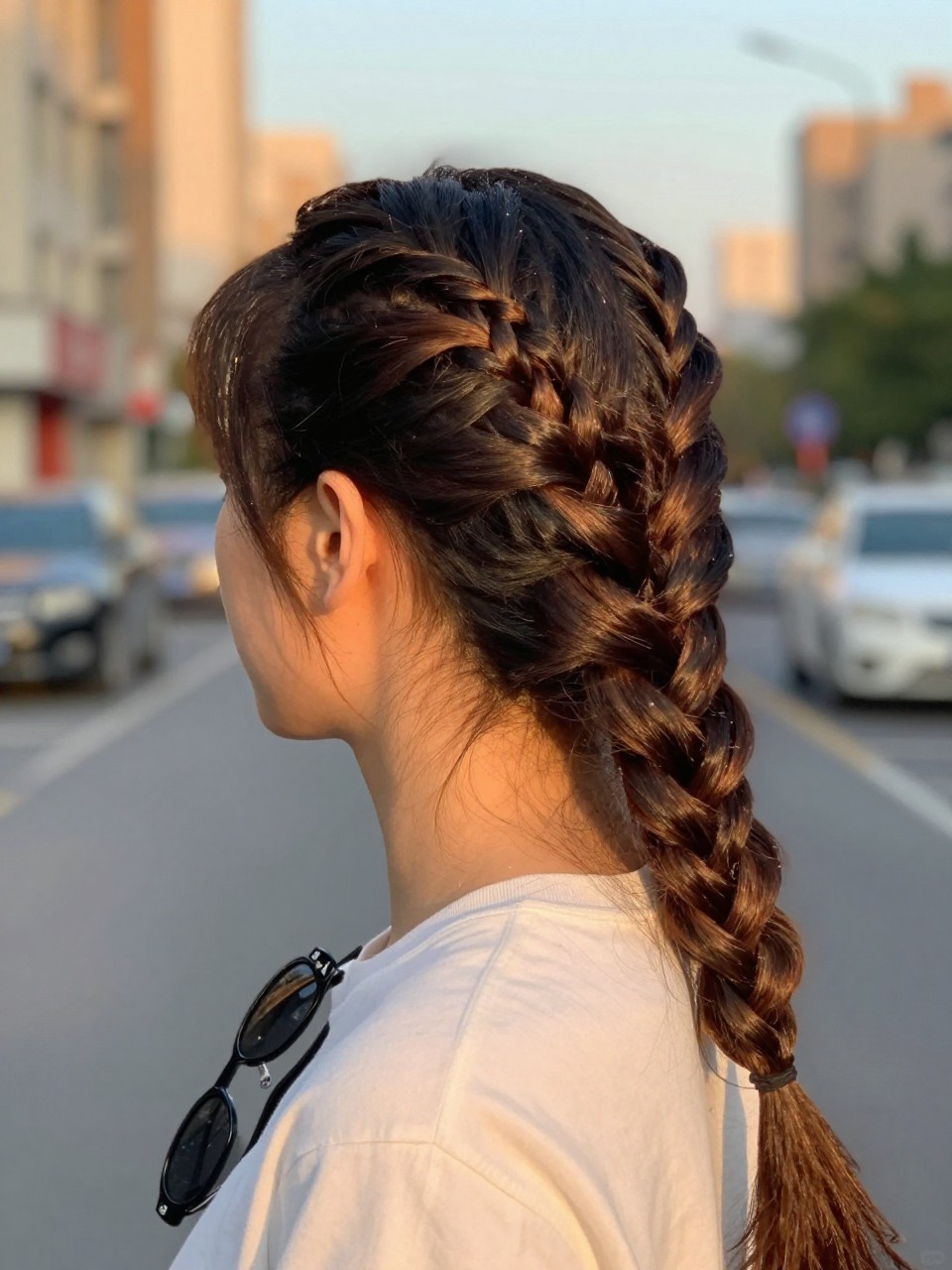 Photo d'une femme portant une demi-queue de cheval avec de multiples petites tresses, vue de l'arrière de la tête montrant les tresses intégrées à la coiffure, le décor étant une rue de ville floue avec la lumière dorée de l'heure dorée, contenant une paire de lunettes de soleil accrochées à son col, qualité photo iPhone la plus récente.