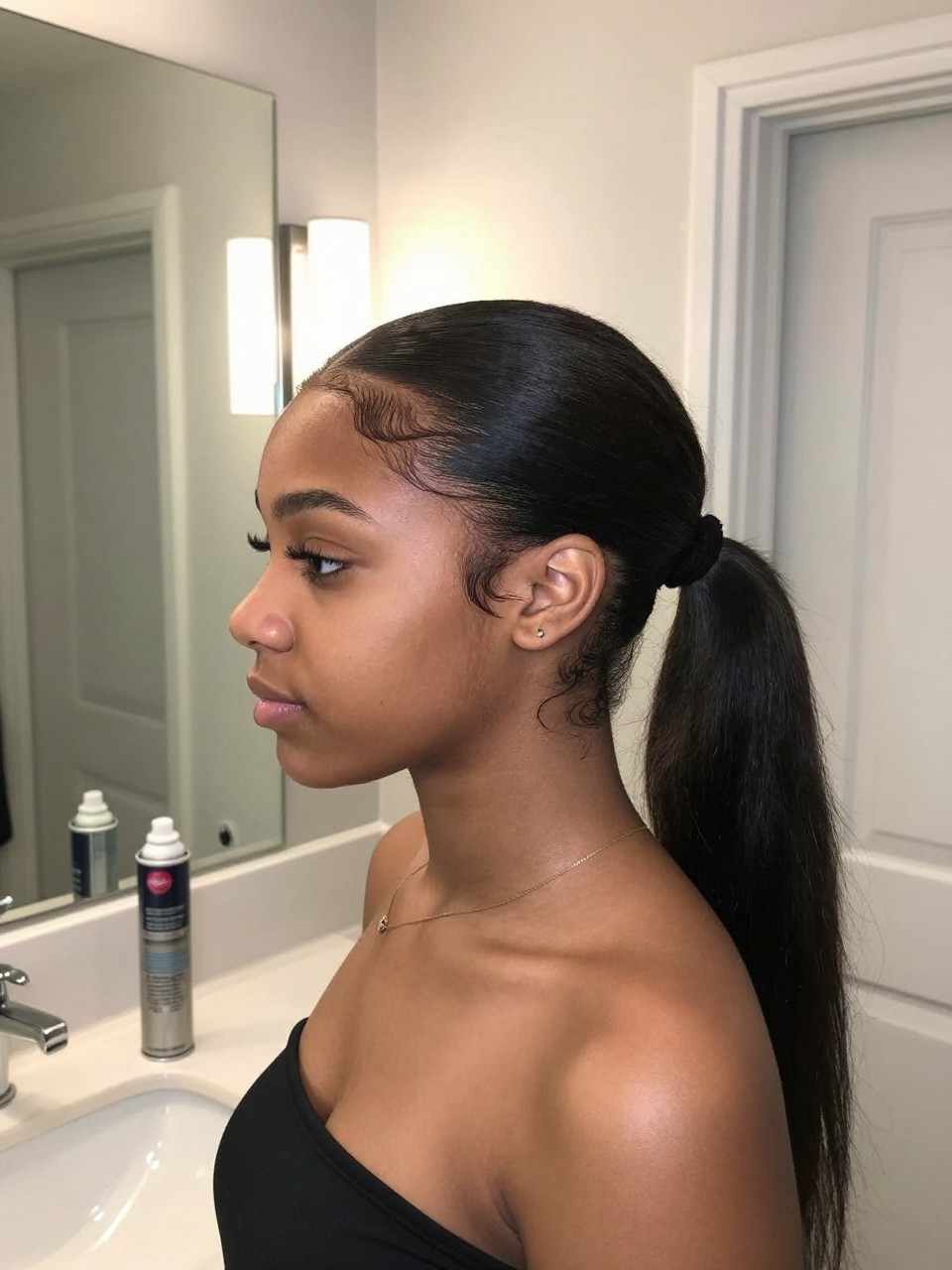 Photo d'une adolescente américaine noire portant une élégante demi-queue de cheval, vue de profil montrant les lignes épurées, décor : une salle de bain avec un décor moderne et un bon éclairage, éclairage : éclairage intérieur vif et uniforme, contenant une bombe de laque posée sur le comptoir, qualité photo iPhone.