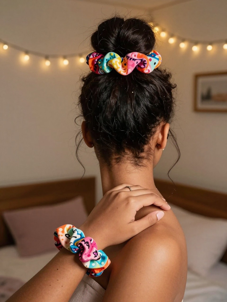 Photo d'une adolescente américaine métisse portant une demi-queue de cheval avec un chouchou, vue de l'arrière de la tête montrant le chouchou coloré, décor : une chambre avec des guirlandes lumineuses en arrière-plan, éclairage : lumière artificielle chaude et douce, avec un chouchou assorti à son poignet, qualité photo iPhone.