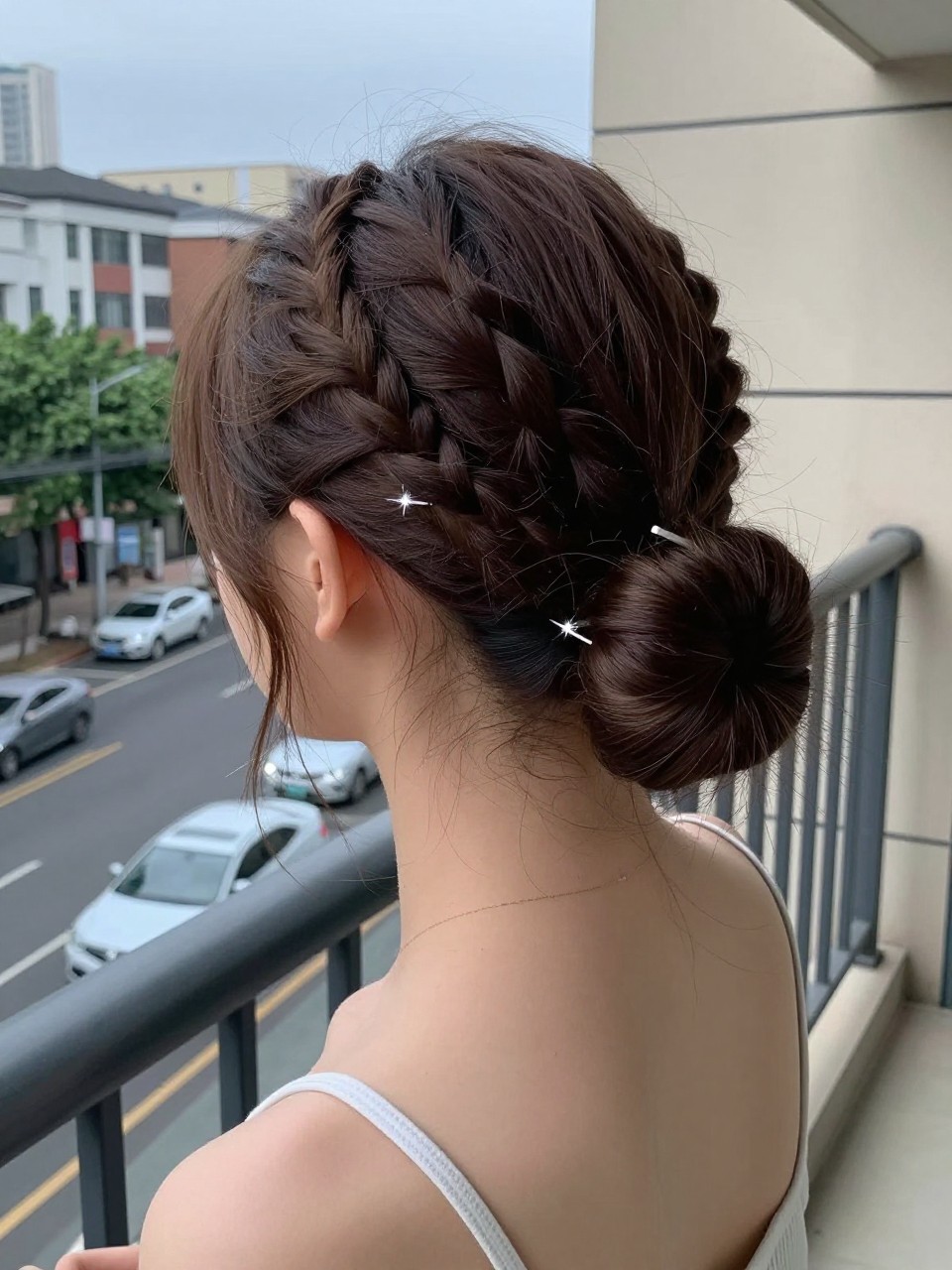 Photo d'une adolescente américaine portant un chignon tressé à moitié relevé, vue de l'arrière de la tête montrant le petit chignon, lieu : un balcon donnant sur une rue de la ville, éclairage : soirée avec une lumière ambiante douce, contenant une petite barrette scintillante près du chignon, qualité photo iPhone.