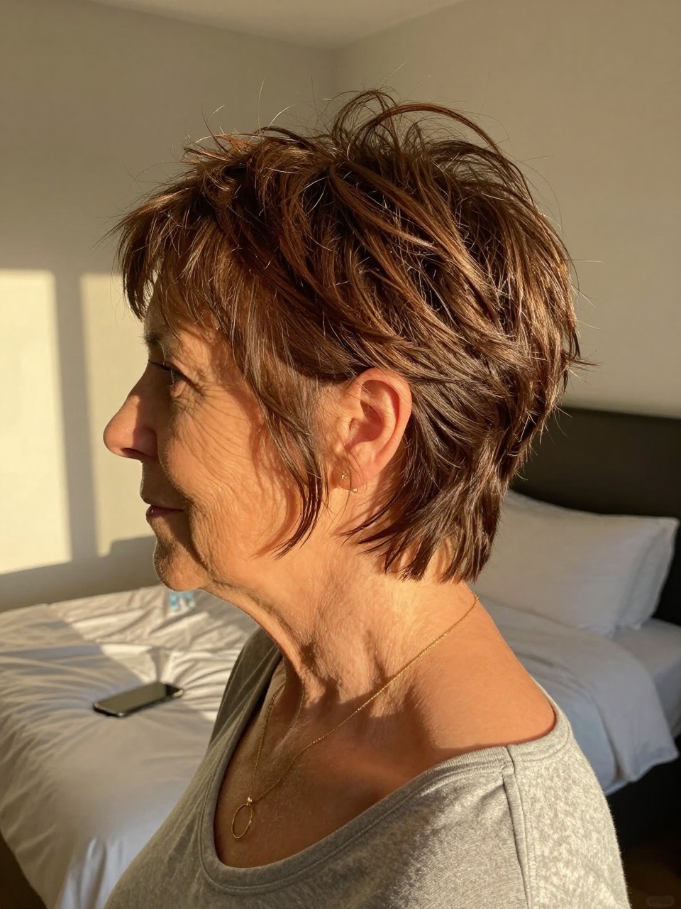 Photo d'une femme d'un certain âge portant une coupe pixie shag moderne, vue de profil montrant des mèches ébouriffées, le décor est une chambre baignée de soleil avec la lumière dorée du crépuscule, avec un simple collier en or au niveau de la clavicule, qualité photo iPhone.