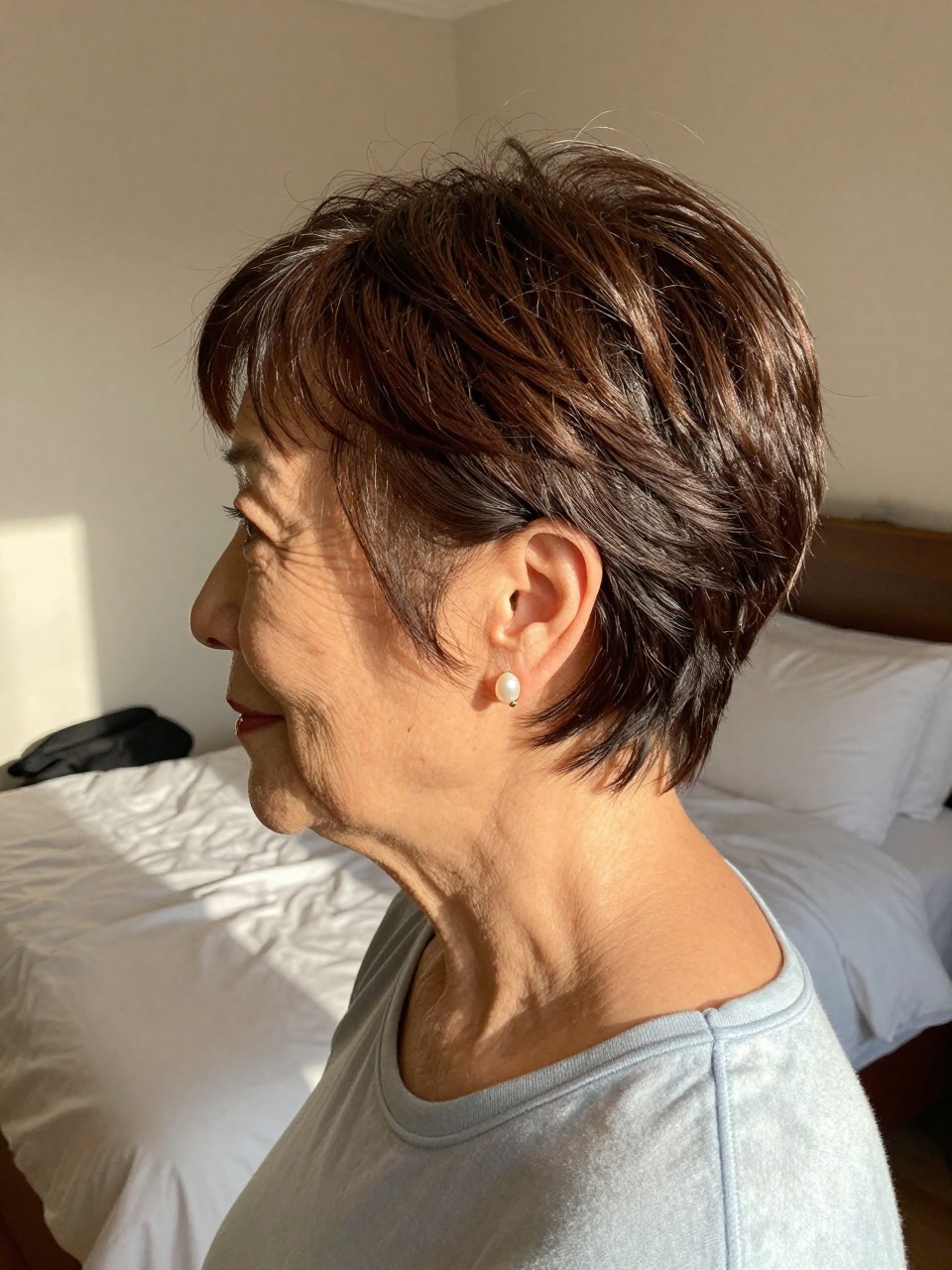 Photo d'une femme d'un certain âge portant une coupe pixie douce classique, vue de profil montrant le dégradé progressif au niveau de la nuque, dans une chambre baignée de soleil avec une chaude lumière naturelle, où l'on aperçoit une simple boucle d'oreille en perle, qualité photo iPhone.