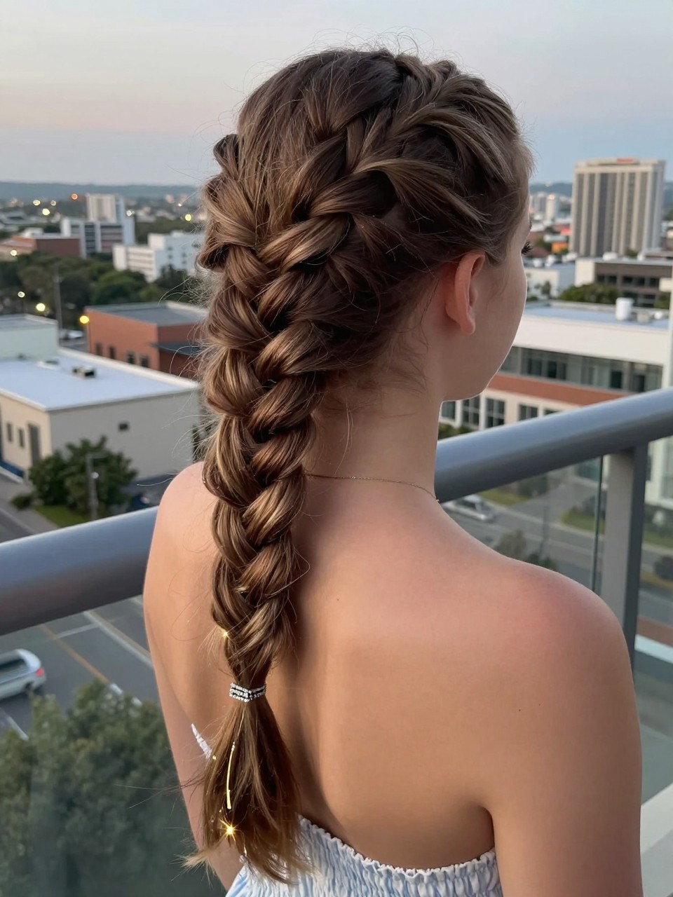Photo d'une adolescente américaine blanche portant une demi-queue de cheval avec une tresse en queue de poisson, vue de l'arrière de la tête montrant la tresse complexe, décor : un balcon donnant sur l'horizon d'une ville, éclairage : soirée avec une lumière ambiante douce, contenant une petite barrette scintillante accrochée près de la base, qualité photo iPhone.