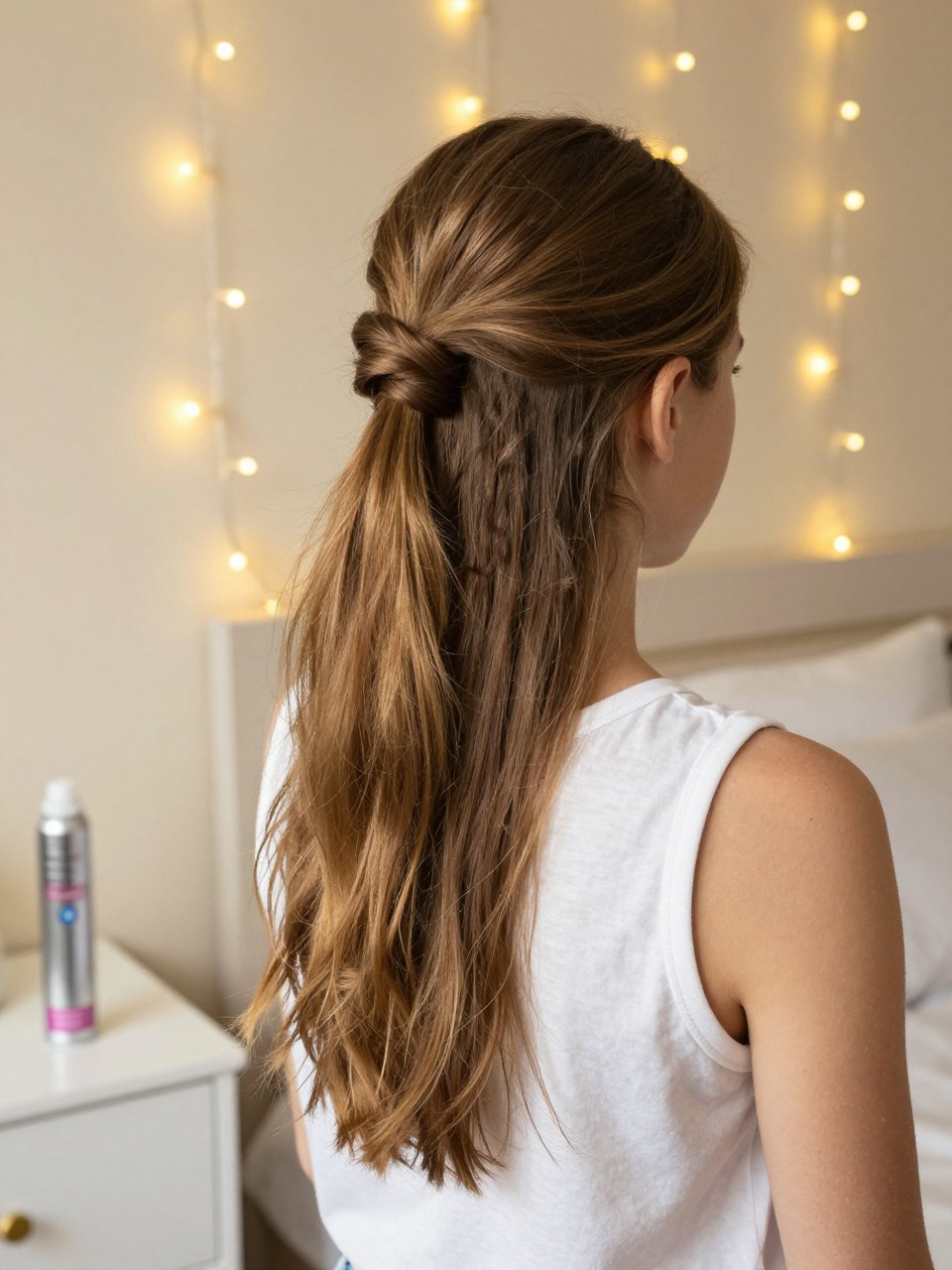 Photo d'une jeune fille américaine blanche portant une demi-queue de cheval à bulles, vue de l'arrière de la tête montrant des cheveux longs et sains, décor : une chambre avec des guirlandes lumineuses en arrière-plan, éclairage : lumière artificielle douce et chaude, contenant une bombe de shampoing sec sur une table de chevet, qualité photo iPhone.