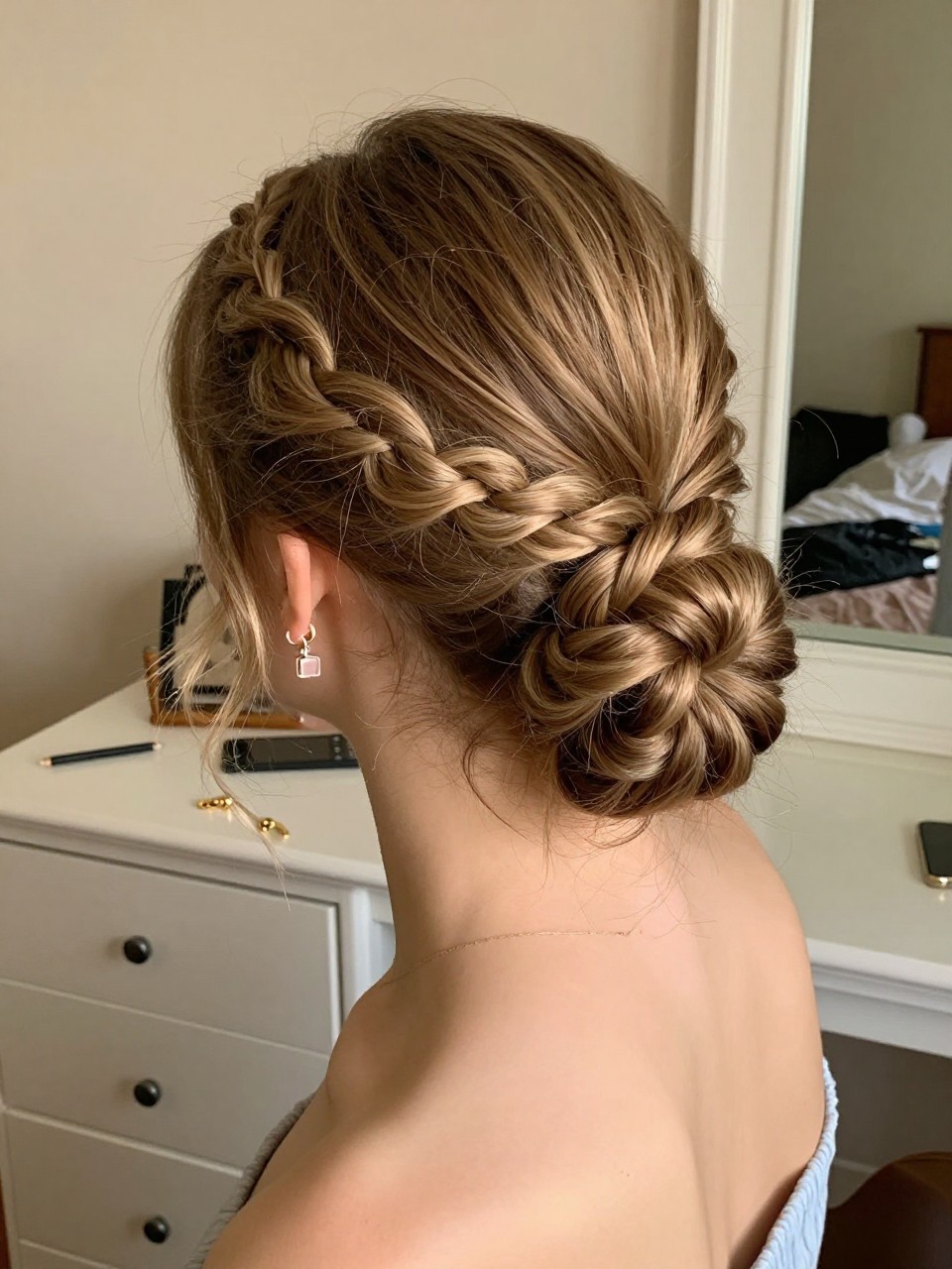 Photo d'une adolescente blanche portant une demi-queue de cheval tressée, vue de dos montrant la jonction des tresses, décor : une chambre avec un miroir et un éclairage doux, éclairage : éclairage intérieur chaud, contenant une paire de boucles d'oreilles posées sur une commode, qualité photo iPhone.