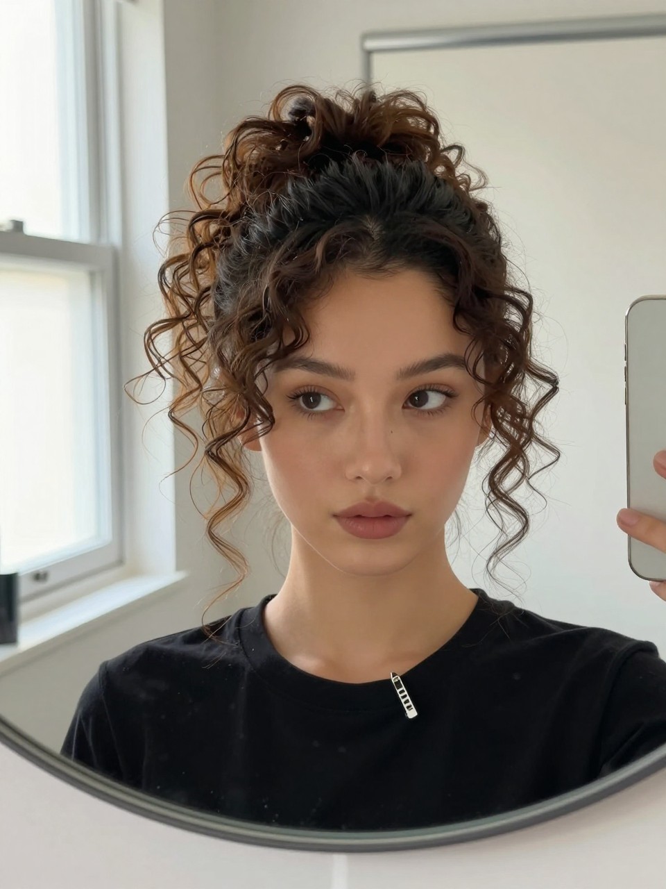Photo d'une femme portant un chignon bouclé mi-haut avec des mèches rebelles, vue de face montrant de douces mèches autour du visage, le décor est un miroir de coiffeuse avec lumière naturelle, contenant une petite pince à cheveux accrochée à son col, qualité photo iPhone la plus récente.