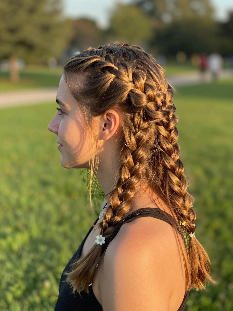 Photo d'une adolescente américaine portant une demi-tresse tressée en cascade, vue de profil mettant l'accent sur le détail de la tresse, décor : un parc avec un fond vert tendre, éclairage : lumière chaude de l'heure dorée, avec une petite fleur glissée près de la tresse, qualité photo iPhone.