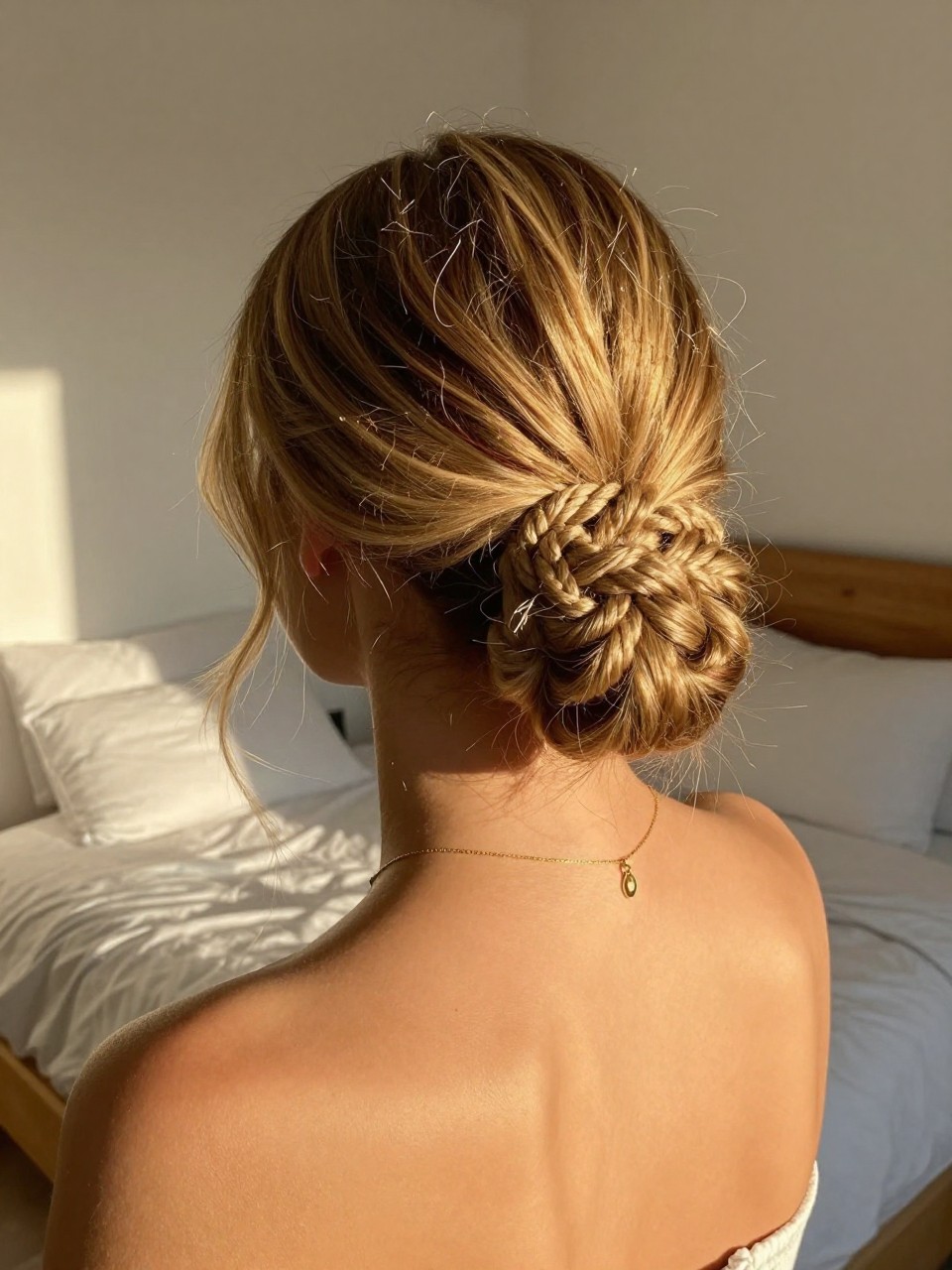 Photo d'une femme portant un chignon tressé à moitié relevé, vue de l'arrière de la tête montrant le détail de la tresse, dans une chambre baignée de soleil à l'heure dorée, où l'on aperçoit un simple collier en or, qualité photo iPhone de dernière génération.