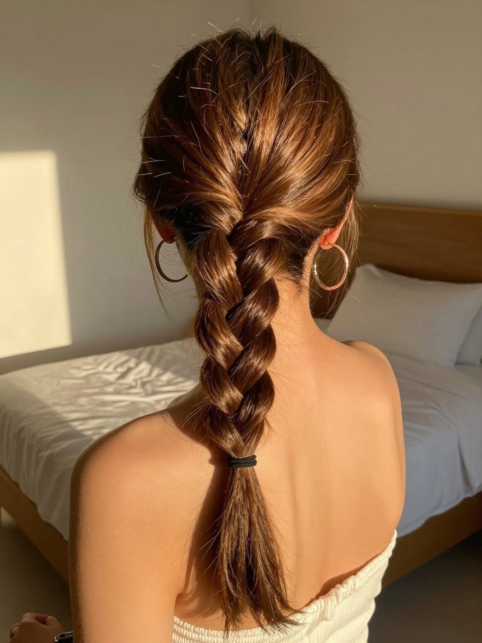 Photo d'une femme portant une demi-tresse en queue de poisson, vue de l'arrière de la tête montrant le détail de la tresse, le décor est une chambre baignée de soleil avec la lumière dorée du crépuscule, avec une paire de boucles d'oreilles créoles visibles, qualité photo iPhone de dernière génération.