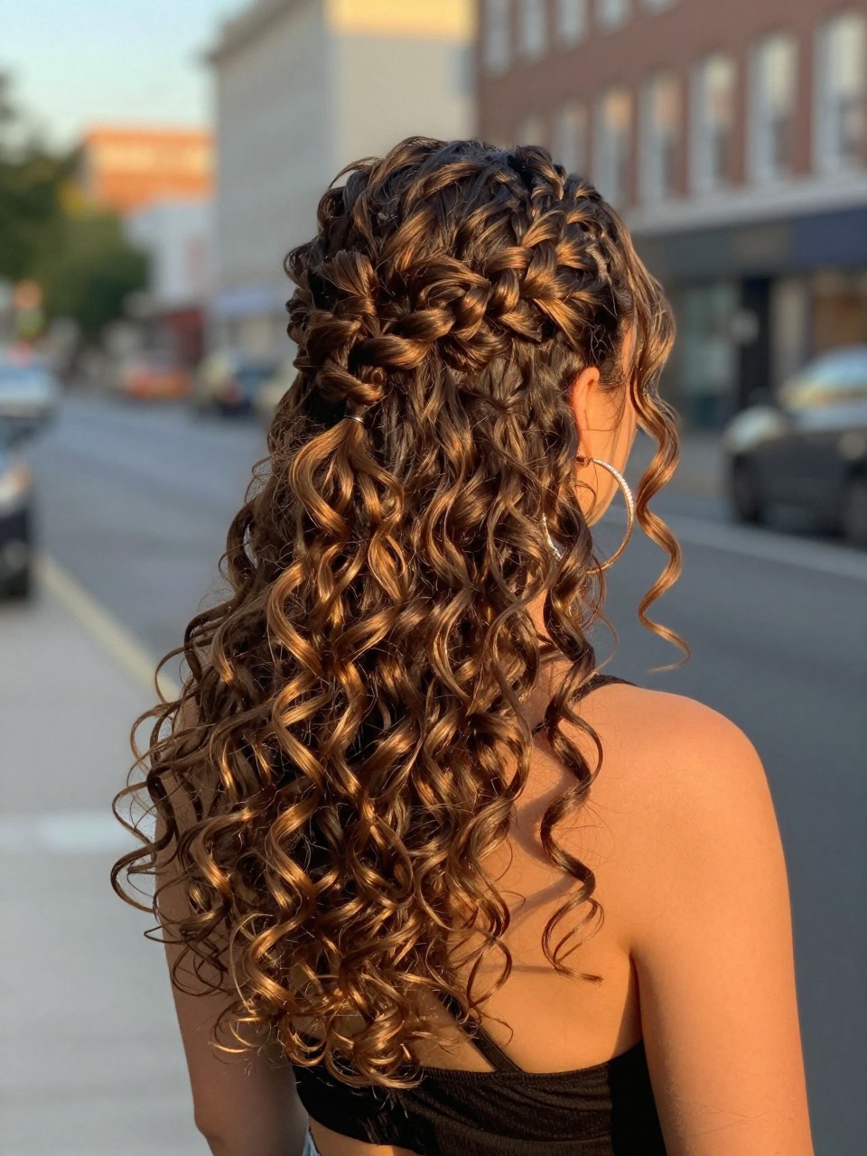 Photo d'une femme portant une demi-queue tressée avec des boucles lâches, vue de l'arrière de la tête montrant les tresses se rejoignant, le décor étant une rue de ville floue avec la lumière dorée du crépuscule, avec des boucles d'oreilles créoles visibles, qualité photo iPhone de dernière génération.
