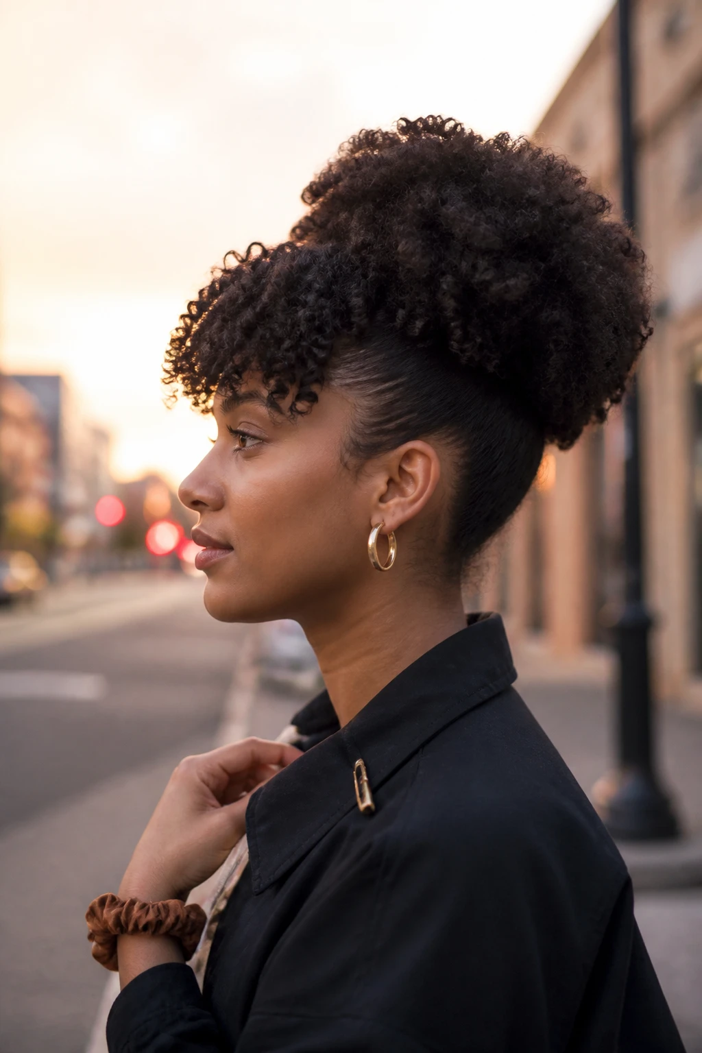 Image d'illustration : Photo d'une femme portant un chignon haut et arrondi de type 4A, avec une frange courte et bouclée bien définie reposant doucement sur le front et des côtés soigneusement lissés, vue de profil sur fond de rue légèrement floue, lumière dorée du crépuscule, avec de petits détails du quotidien comme des boucles d'oreilles créoles dorées, un chouchou de rechange à son poignet et une fine pince à cheveux attachée au col de sa veste, photographie réaliste prise sur le vif, qualité photo iPhone de dernière génération.