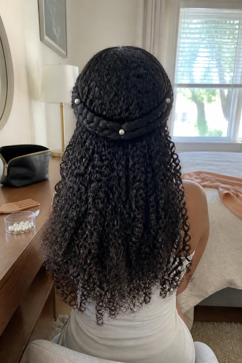Image d'illustration : Photo d'une femme portant de longues boucles de type 4A avec deux larges tresses latérales croisées dans le dos comme une couronne, des boucles denses et bien définies tombant en dessous, et de petites épingles à perles glissées dans les tresses, vue de l'arrière de la tête dans une chambre doucement éclairée par la lumière naturelle d'une fenêtre, contenant un petit détail du quotidien comme des épingles à perles supplémentaires et un peigne à dents larges sur la commode, une trousse de maquillage à proximité et un foulard en satin posé sur le lit, moment réaliste de préparation, qualité photo iPhone de dernière génération.