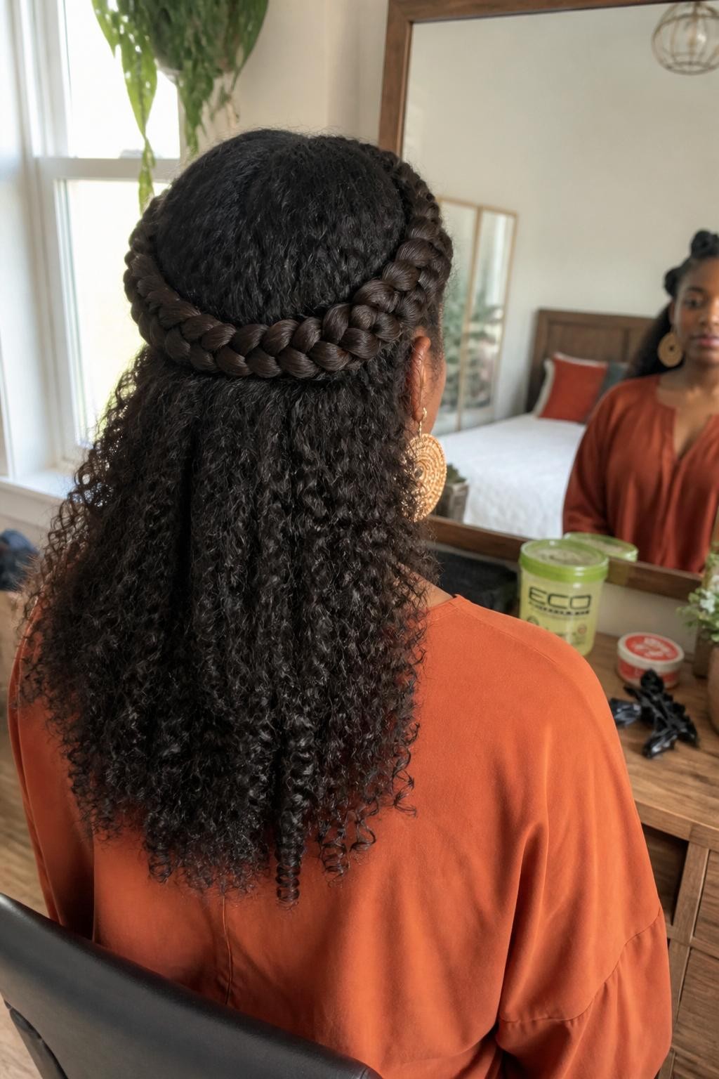 Photo d'une femme noire aux longs cheveux bouclés naturels, avec deux larges tresses frontales enroulées sur les côtés de la tête pour former une demi-auréole, tandis que les boucles restantes tombent librement dans le dos. Vue de l'arrière de la tête à côté d'une fenêtre de chambre ensoleillée, lumière naturelle chaude, gel coiffant et pinces à cheveux sur la commode, boucles d'oreilles en bronze visibles et un chemisier orange brûlé reflété dans le miroir, volume de boucles réaliste et mèches rebelles, qualité photo iPhone de dernière génération.