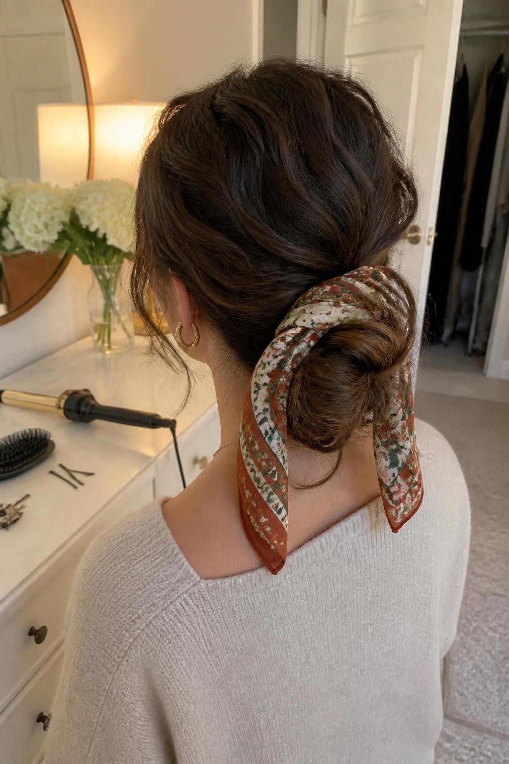 Photo d'une femme portant de longues boucles coiffées en un chignon bas et souple, avec des boucles visibles, un léger volume au niveau de la couronne et un foulard étroit en soie imprimée rouille, olive et crème enroulé autour du chignon, vue de l'arrière de la tête dans une chambre à l'éclairage chaleureux, fer à friser et épingles à cheveux sur la commode à côté d'une brosse à cheveux, boucles d'oreilles en or visibles et placard légèrement ouvert derrière elle, mèches lâches réalistes et texture naturelle, qualité photo iPhone de dernière génération.