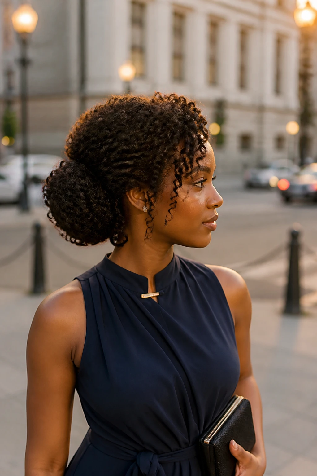 Photo d'une femme noire portant une coiffure bouclée de type 4A avec des boucles denses relevées sur le côté, fixées en une forme basse et douce derrière une oreille, un volume léger sur le dessus de la tête et deux boucles définies encadrant le visage, vue de profil sur un fond de rue légèrement flou, lumière dorée, avec un petit détail authentique comme des boucles d'oreilles en perles qui dépassent, une fine pince à cheveux attachée au col de sa robe et une petite pochette tenue négligemment dans une main, photographie réaliste prise sur le vif, qualité photo iPhone de dernière génération.