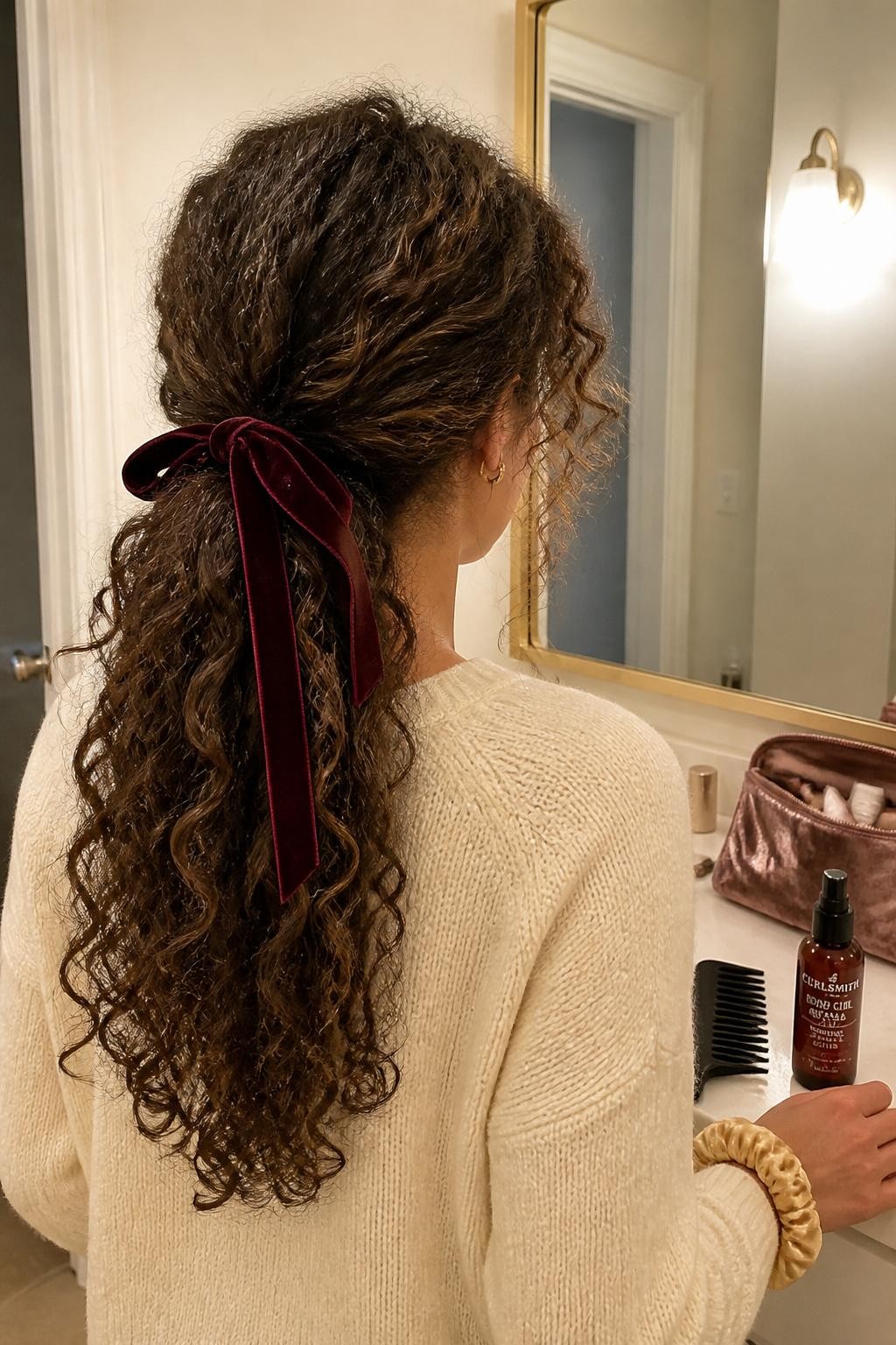 Photo d'une femme aux longs cheveux naturellement bouclés, rassemblés en une queue de cheval basse et décontractée, avec un volume souple sur le dessus de la tête, quelques mèches lâches autour du visage et un ruban de velours bordeaux foncé noué à la base. Vue de l'arrière de la tête à côté d'un miroir de salle de bain, éclairage intérieur doux et chaud. Un peigne à dents larges et un spray rafraîchissant pour boucles reposent près d'une trousse de maquillage ouverte. Un pull en maille crème est visible au niveau des épaules et un chouchou en soie est autour de son poignet. Définition réaliste des boucles avec de légers frisottis. Qualité photo iPhone de dernière génération.