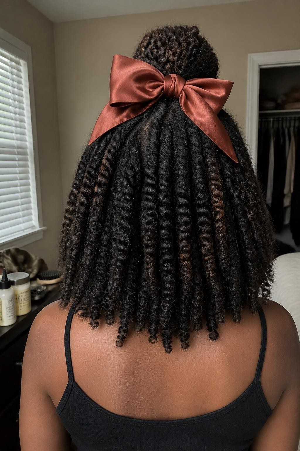 Photo d'une femme noire portant une coiffure twist-out mi-longue avec des ondulations définies, des pointes duveteuses et la partie supérieure rassemblée en une demi-queue de cheval ornée d'un nœud en satin couleur cannelle surdimensionné, vue de l'arrière de la tête dans une chambre faiblement éclairée, lumière naturelle de la fenêtre, crème twist-out et huile capillaire sur la commode, bonnet en soie posé à côté d'une brosse à cheveux et placard légèrement ouvert derrière elle, frisottis doux réalistes et volume naturel, qualité photo iPhone de dernière génération.